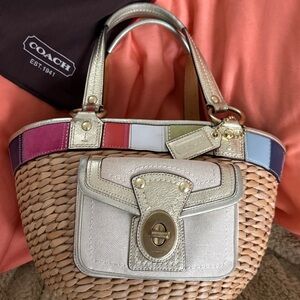 Coach Straw Tote with legacy Top Trim and Gold Leather Accents